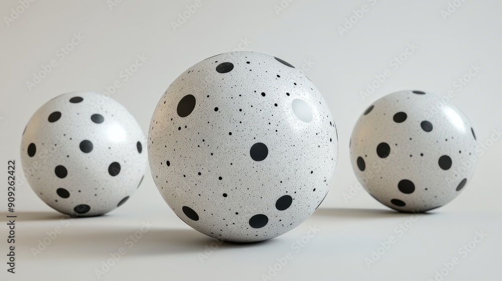 Three white and black balls with black dots on them Three white and black balls with black dots on them