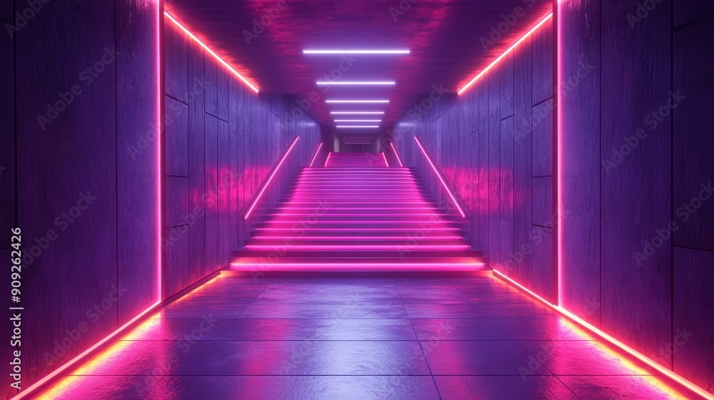 A long, narrow hallway with pink lights on the walls A long, narrow hallway with pink lights on the walls