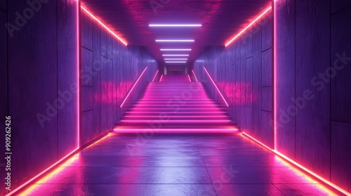 A long  narrow hallway with pink lights on the walls