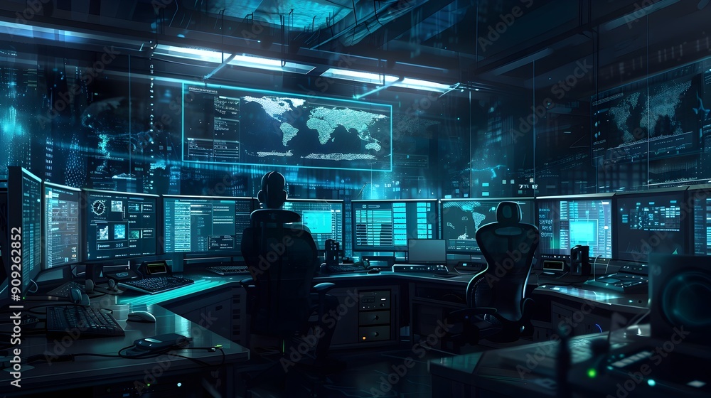Futuristic Cyber Threat Intelligence Center with Global Data Monitoring and Digital Security Analysis Futuristic Cyber Threat Intelligence Center with Global Data Monitoring and Digital Security Analysis
