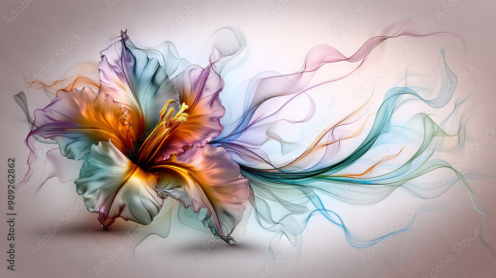 A digital artwork featuring a vibrant blossom set against a monochromatic backdrop of white and pink with swirling hues of blue, orange, and yellow A digital artwork featuring a vibrant blossom set against a monochromatic backdrop of white and pink with swirling hues of blue, orange, and yellow
