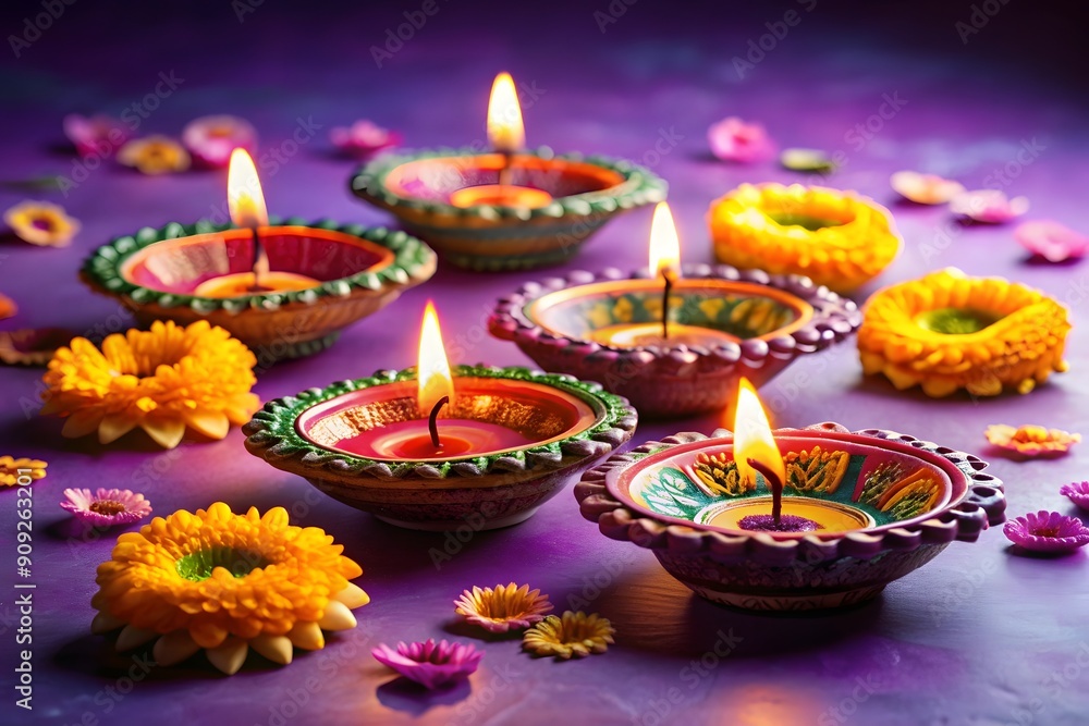 Indian festival Diwali, Diya oil lamps lit on colorful rangoli. Hindu traditional. Happy Deepavali. Copy space for text.
Indian festival Diwali, Diya oil lamps lit on colorful rangoli. Hindu traditional. Happy Deepavali. Copy space for text.