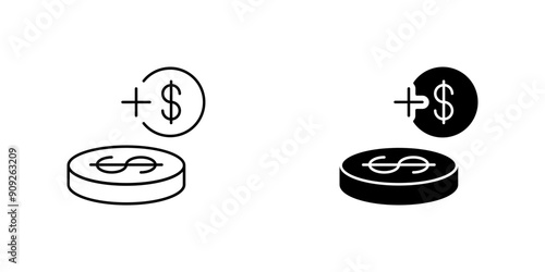 Add Money Icon:
 Versatile vector graphics depicting a coin with a plus sign and dollar symbol, ideal for financial apps, websites, and presentations, symbolizing income, profit, deposit, investment