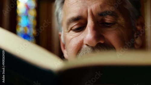 In a grand opulent study a middleaged man with a stern expression peruses the pages of an ancient mcript his face framed by the oak paneling and stained glass windows of the room. photo