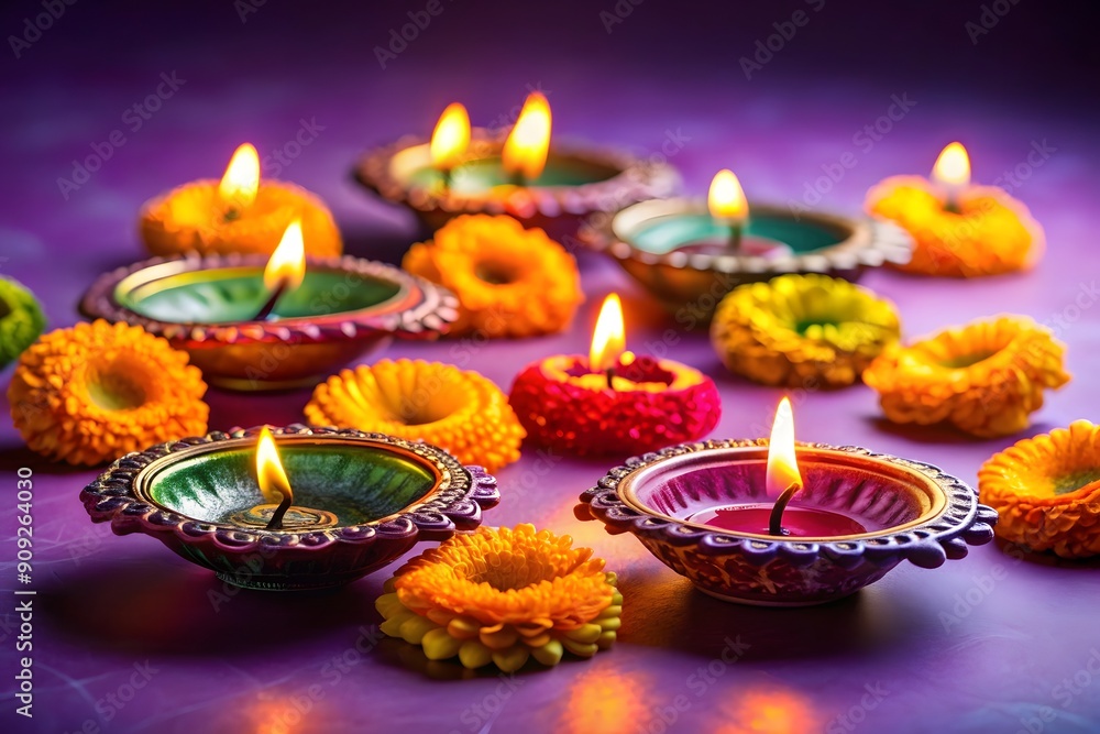 Indian festival Diwali, Diya oil lamps lit on colorful rangoli. Hindu traditional. Happy Deepavali. Copy space for text.
Indian festival Diwali, Diya oil lamps lit on colorful rangoli. Hindu traditional. Happy Deepavali. Copy space for text.