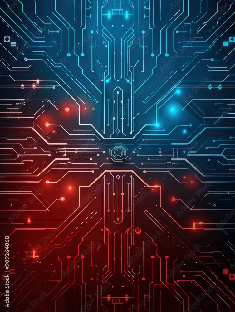 Futuristic Cyberpunk Technology Illustration With Neon Blue and Red Circuit Patterns Futuristic Cyberpunk Technology Illustration With Neon Blue and Red Circuit Patterns