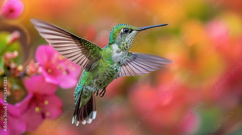 Fototapeta premium Hummingbird soars gracefully with wings spread wide, pink flower in focal point, blurry backdrop