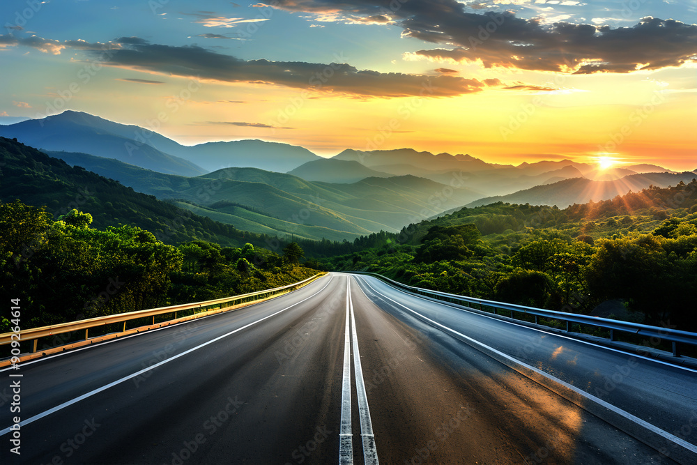 Scenic highway stretching through lush green mountains with a stunning sunrise. Scenic highway stretching through lush green mountains with a stunning sunrise.