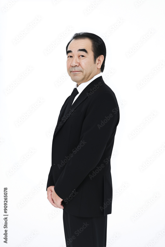Elderly serious Japanese businessman standing sideways to camera and smiling, white minimalist background Elderly serious Japanese businessman standing sideways to camera and smiling, white minimalist background