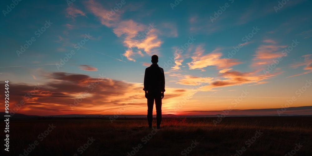 Solitude Under a Painted Sky: A lone figure stands silhouetted against a vibrant sunset, embracing the vastness of nature's beauty and the serenity of solitude. Solitude Under a Painted Sky: A lone figure stands silhouetted against a vibrant sunset, embracing the vastness of nature's beauty and the serenity of solitude.