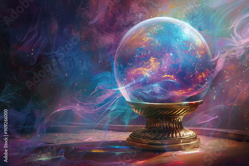 Crystal ball on a mystical table with swirling cosmic colors