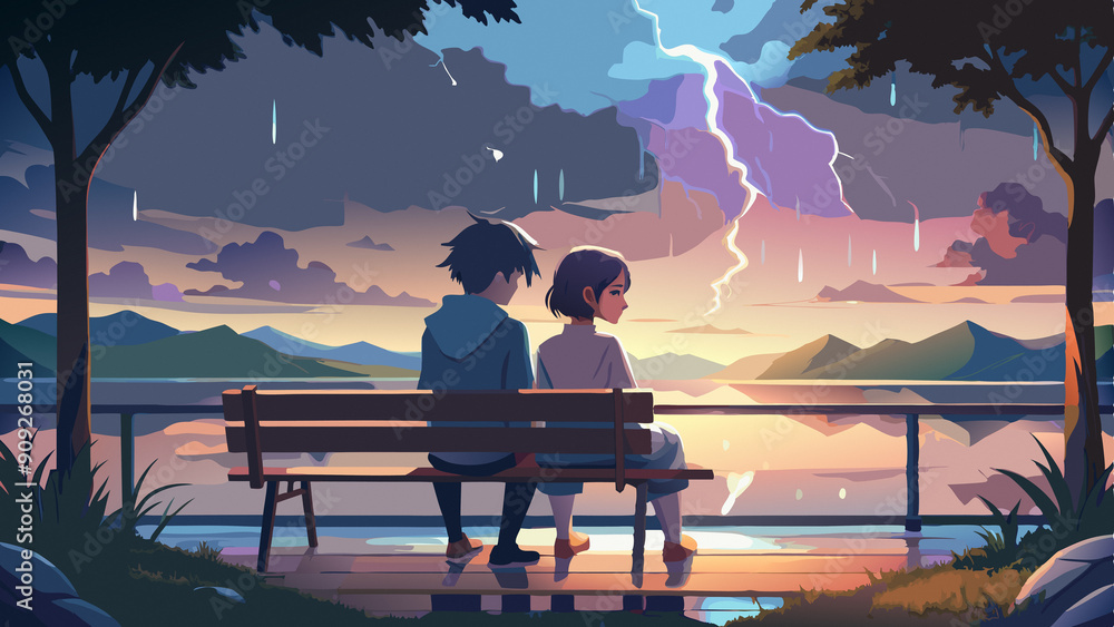 Fototapeta premium A young couple sits on a bench by the lake, in a park overlooking the mountains, in rainy weather. They are in a quarrel, you can see the tension between them