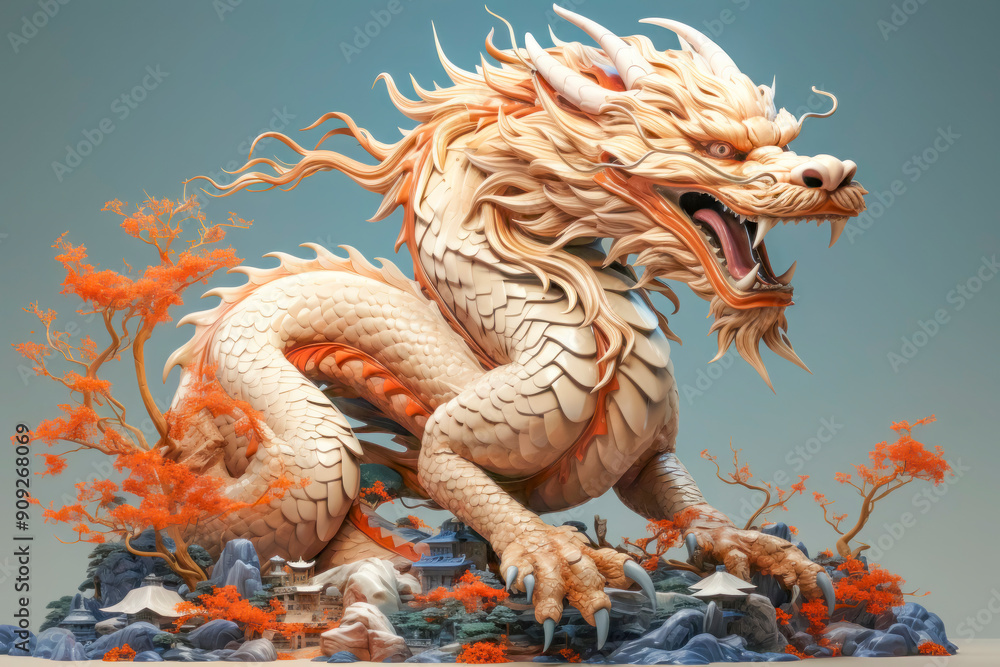 Fototapeta premium Majestic Chinese Dragon Roaring over Autumn Landscape