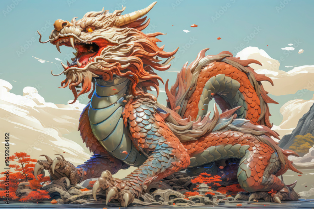 Obraz premium Majestic Chinese Dragon Roaring over Autumn Landscape