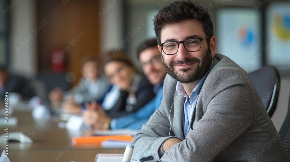 A cheerful business manager sitting at a conference table A cheerful business manager sitting at a conference table