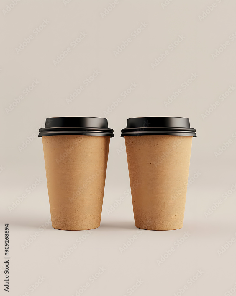 Two paper coffee cups with black lids, minimalist design, perfect for takeaway beverages and eco-friendly, modern coffee shop branding Two paper coffee cups with black lids, minimalist design, perfect for takeaway beverages and eco-friendly, modern coffee shop branding