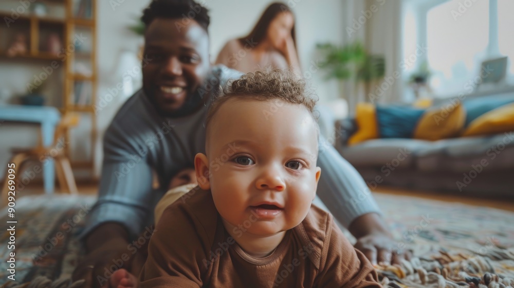 Joyful African-American Baby Crawling on Living Room Floor With Family Background. Generative ai. Joyful African-American Baby Crawling on Living Room Floor With Family Background. Generative ai.