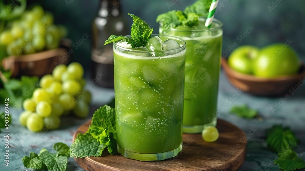 Two green glasses filled with liquid beside grapes and beer on wooden tray Two green glasses filled with liquid beside grapes and beer on wooden tray