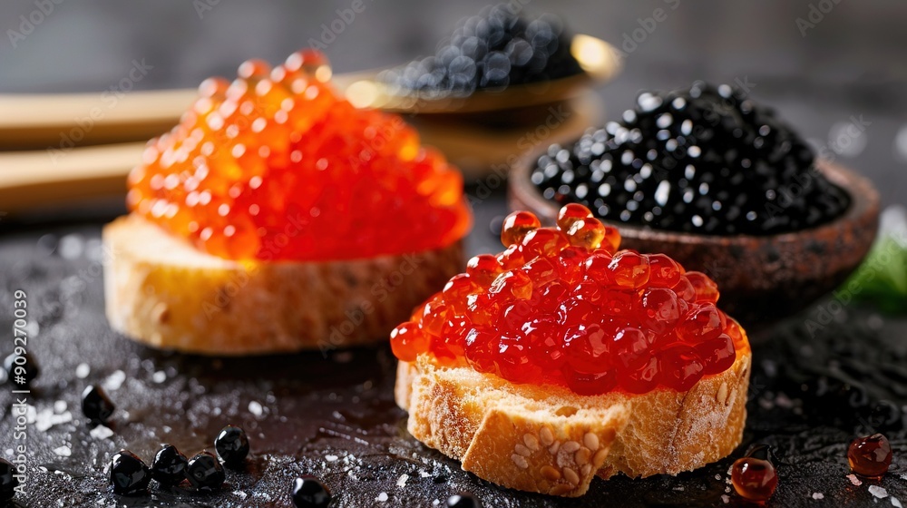 A few slices of bread placed on a table near a bowl of black caviar A few slices of bread placed on a table near a bowl of black caviar