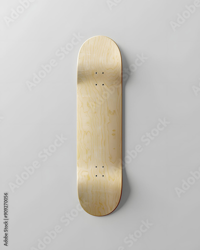 Blank natural wood skateboard deck, showcasing a simple yet elegant design, perfect for customization, branding, or as part of a minimalist and stylish skateboarding setup with a focus on craftsmanshi photo