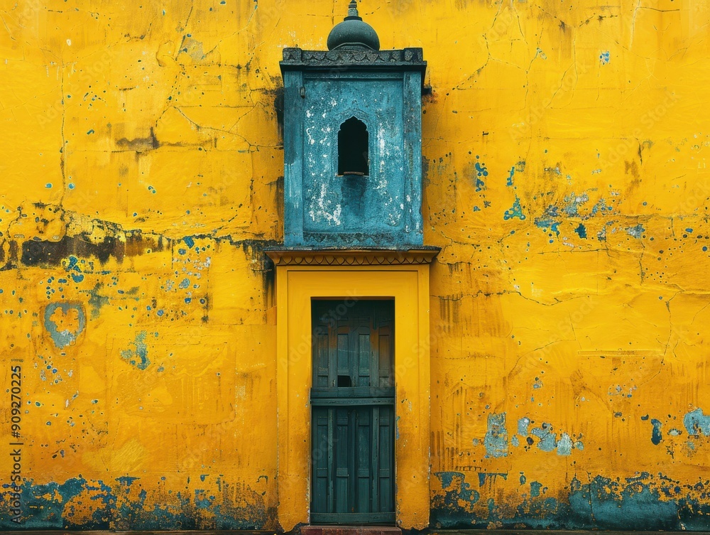Bright Yellow Wall With Decorative Blue Structure Above Doorway in Historic Location Bright Yellow Wall With Decorative Blue Structure Above Doorway in Historic Location