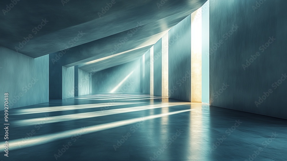 Modern architectural corridor with angled ceiling and sunlight streaming through windows. Futuristic design concept Modern architectural corridor with angled ceiling and sunlight streaming through windows. Futuristic design concept