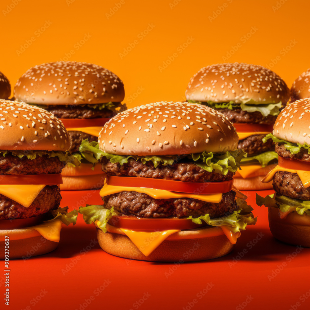 Burger is piled high with a beef patty, lettuce, tomato, onion, and cheese. Burger is piled high with a beef patty, lettuce, tomato, onion, and cheese.