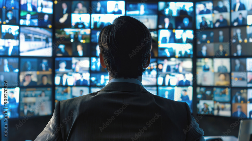 A man stands in front of a wall of television screens and monitors security operations. Digital security officer. Back view. A man stands in front of a wall of television screens and monitors security operations. Digital security officer. Back view.