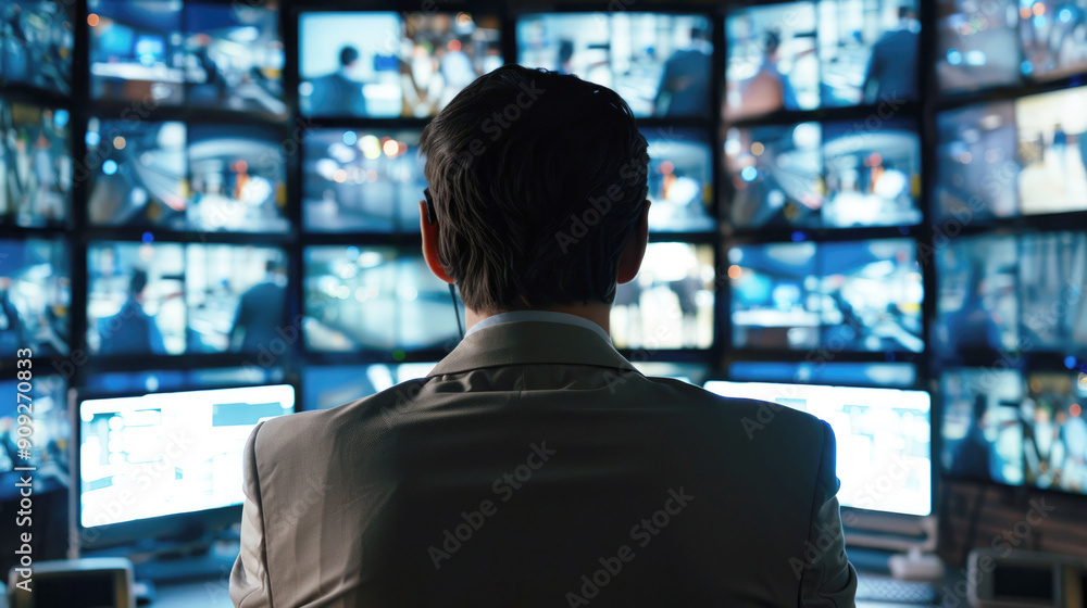 A man stands in front of a wall of television screens and monitors security operations. Digital security officer. Back view. A man stands in front of a wall of television screens and monitors security operations. Digital security officer. Back view.