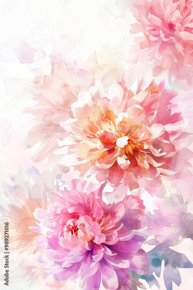 Fototapeta premium Watercolor illustration spring soft pink flowers on a light background. Greeting card mockup, copy space. 