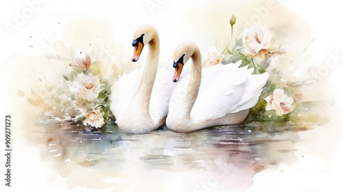 Fototapeta Naklejka Na Ścianę i Meble -  Wedding watercolor illustration, card, two white swans, white roses, beige vintage background, shabby chic, romantic, watercolor paper texture. Copy space.