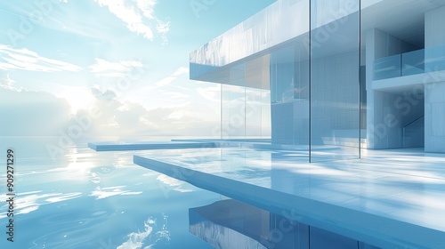 Stunning Modern Architectural Design Beside Tranquil Blue Waters Under Clear Skies