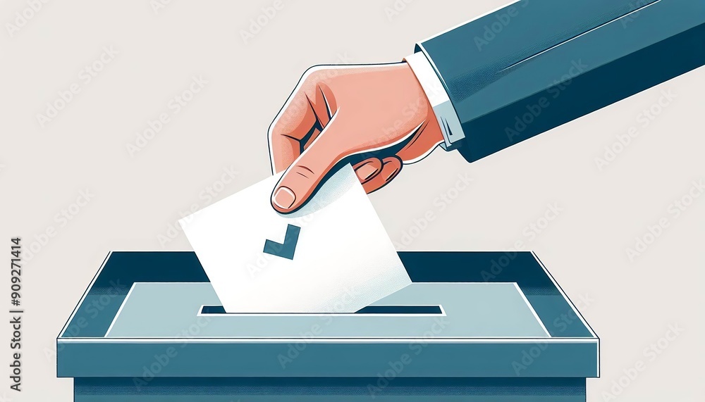 Close-up illustration of a hand casting a vote into a ballot box. The image signifies the act of voting and participating in elections, highlighting the importance of democracy and civic duty Close-up illustration of a hand casting a vote into a ballot box. The image signifies the act of voting and participating in elections, highlighting the importance of democracy and civic duty