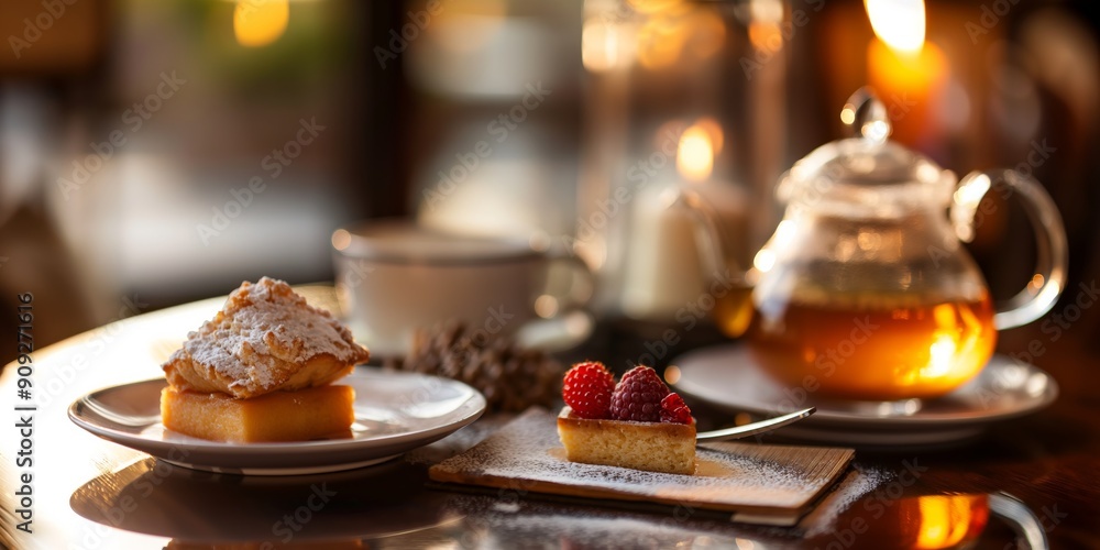 Cozy Indulgence: A steaming teapot, delicate pastries, and warm candlelight create an inviting scene of relaxation and sweet treats. Cozy Indulgence: A steaming teapot, delicate pastries, and warm candlelight create an inviting scene of relaxation and sweet treats.