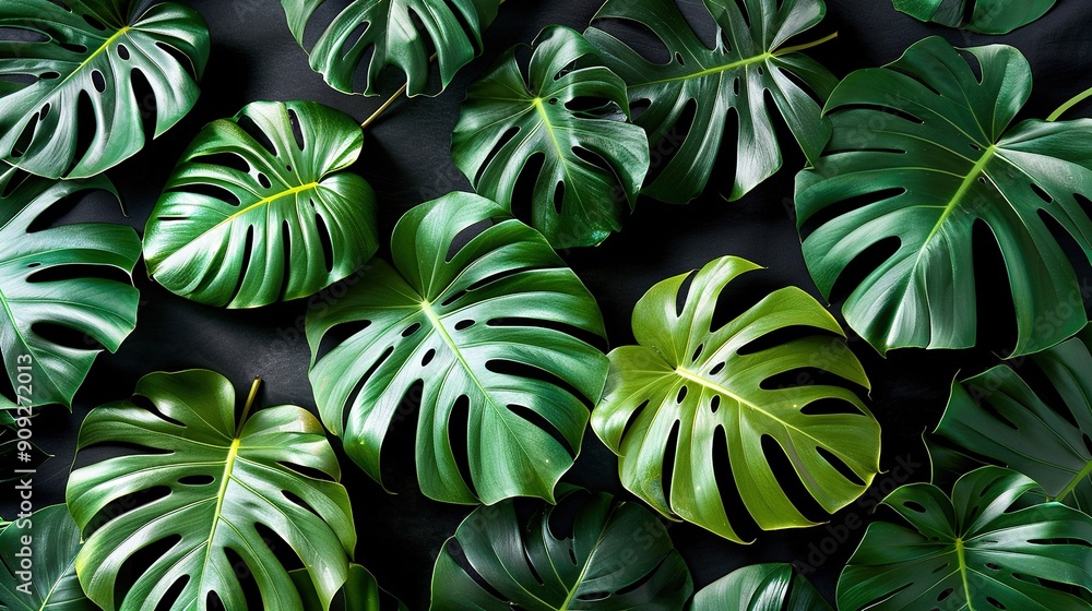 Green and white leaves on black background with green line dividing Green and white leaves on black background with green line dividing