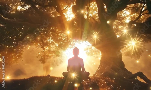 The Buddha meditates under the tree in the rays of light and attains enlightenment