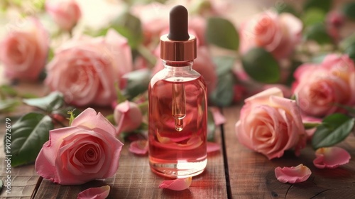 Aesthetic rose oil bottle surrounded by beautiful pink roses and petals, showcasing natural beauty and skincare elegance.