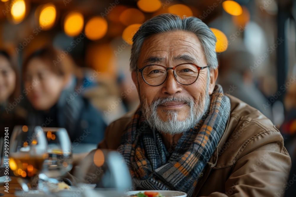 Asian man with glasses and grey beard, wearing a scarf, sitting at a restaurant table with food and drinks, smiling warmly. Asian man with glasses and grey beard, wearing a scarf, sitting at a restaurant table with food and drinks, smiling warmly.