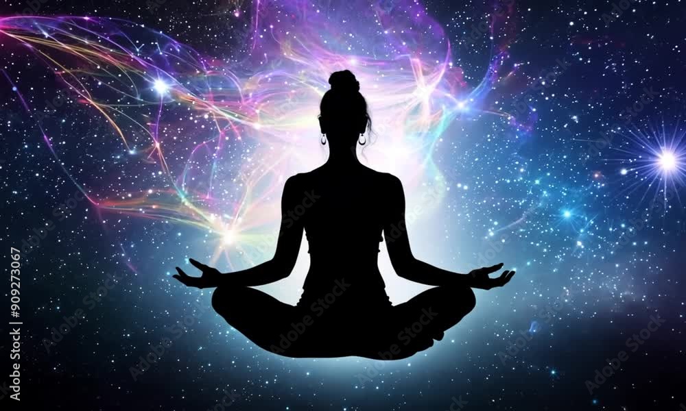 Woman in yogic lotus pose meditating in outer space. Woman in yogic lotus pose meditating in outer space.