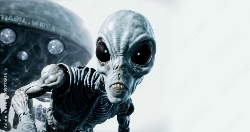 Alien Encounter & Science Fiction. : Grey Alien Emerges from Spaceship: Close-Up of Extraterrestrial Being with Large Black Eyes. Science Fiction, UFO, Alien Invasion Concept. Alien Encounter & Science Fiction. : Grey Alien Emerges from Spaceship: Close-Up of Extraterrestrial Being with Large Black Eyes. Science Fiction, UFO, Alien Invasion Concept.