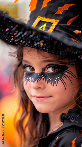 Close-up portrait of a smiling girl with Halloween makeup and witch hat.