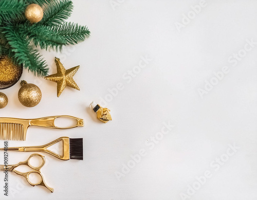 Golden Hairdressing Tools and Christmas Tree Banner on White Background