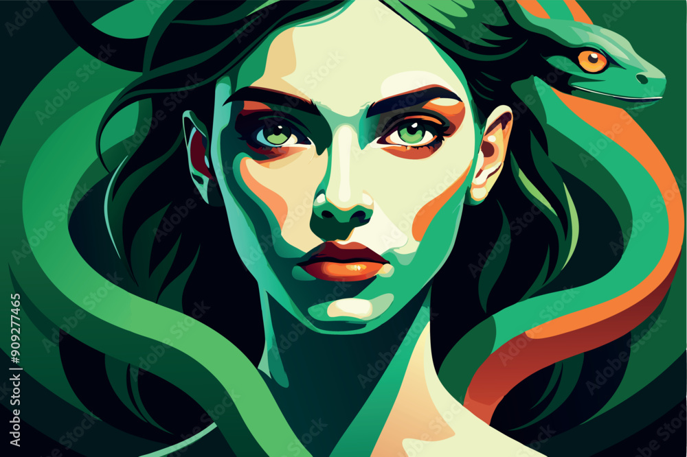Vector illustration of beautiful female character with long hair and green snake Vector illustration of beautiful female character with long hair and green snake