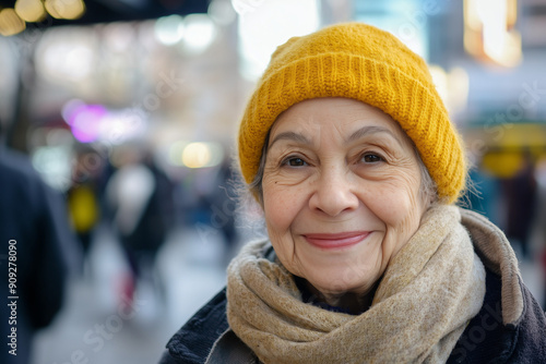 A smiling senior woman wearing a yellow beanie and a tan scarf stands in a crowded city street.