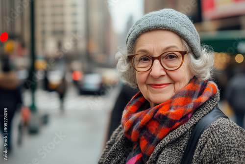 An older woman with a warm smile, wearing glasses and a red plaid scarf, stands in a city street.