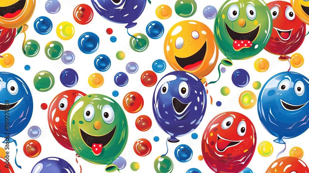 A set of smiley-face shaped balloons, each with a bow on its head, and another collection featuring similar balloon designs A set of smiley-face shaped balloons, each with a bow on its head, and another collection featuring similar balloon designs