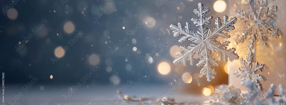 Fototapeta premium Blurred christmas background with snowflakes, sparkles, icy snowfall magic new year festive, winter holidays banner, glowing lights bokeh, greeting postcard with copy space. 