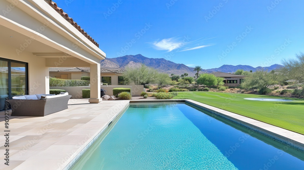 Fototapeta premium backyard of a arizona home, with pool patio and mountains