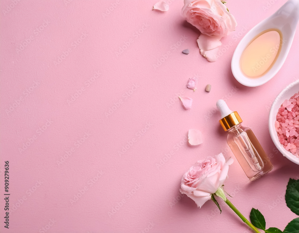 Rose Essential Oil Flat Lay on Pink Background with Copy Space Rose Essential Oil Flat Lay on Pink Background with Copy Space