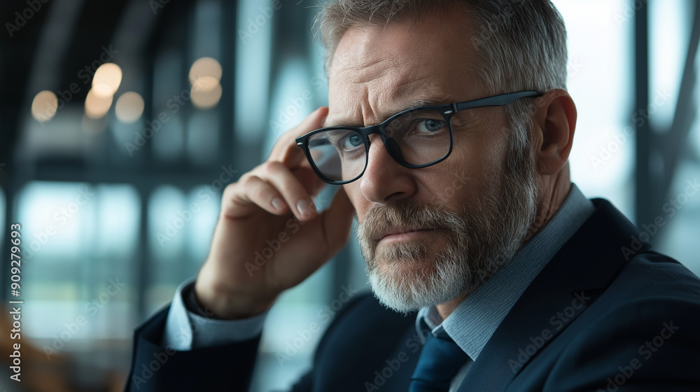 A man in a formal attire, possibly a suit, with a beard and glasses. He is adjusting his glasses while looking intently at his smartphone. The background is blurred but suggests an indoor setting A man in a formal attire, possibly a suit, with a beard and glasses. He is adjusting his glasses while looking intently at his smartphone. The background is blurred but suggests an indoor setting